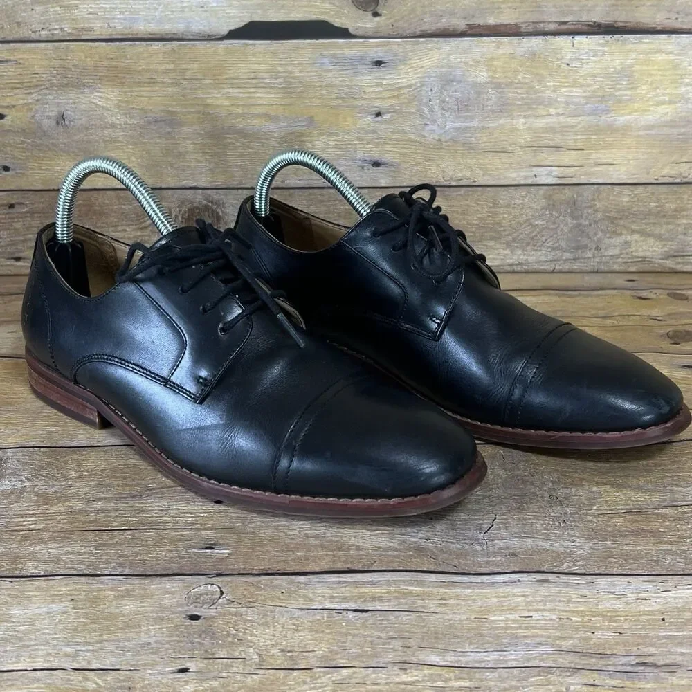 Black Leather Cap Toe Oxford Derby Dress Shoes SZ 7 Brown Stacked Heel‎ Mens